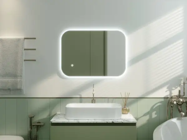 Salle de bain moderne avec miroir lumineux. Instructions pour comment décoller un miroir adhésif.
