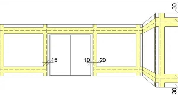 Schematische Darstellung, wie verlaufen stromleitungen in der wand. Gelbe Linien zeigen die Leitungswege, weiße Flächen sind Wände.