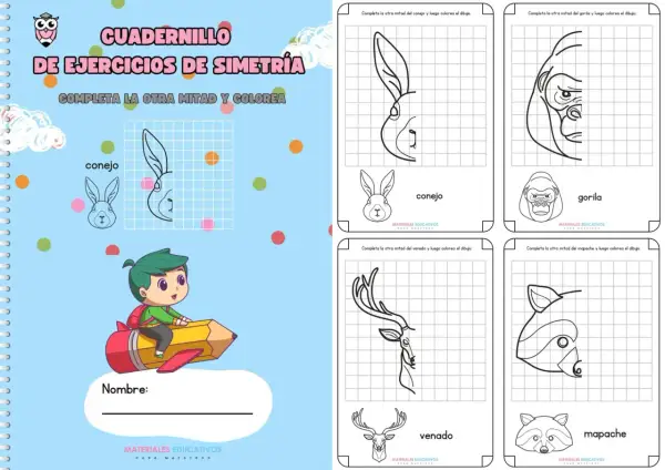 Cuadernillo de ejercicios de simetría con dibujos de animales para completar y colorear: conejo, gorila, venado y mapache.