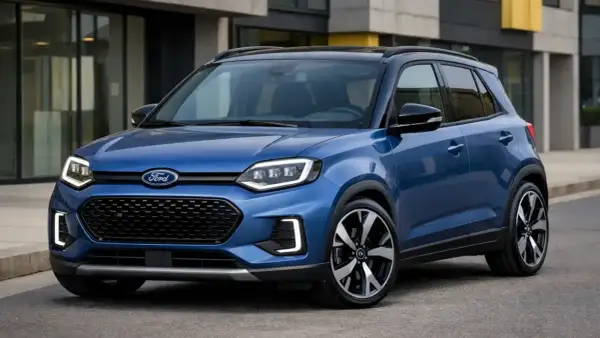 Niebieski Ford z nowoczesnymi światłami LED i czarnym dachem, jeden z nowych ford modele, stoi na ulicy.