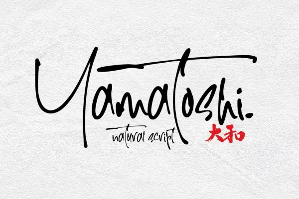 Yamatoshi" in a flowing, natural script, with "natural script" below and Japanese characters in red. A beautiful example of Japanese English font.