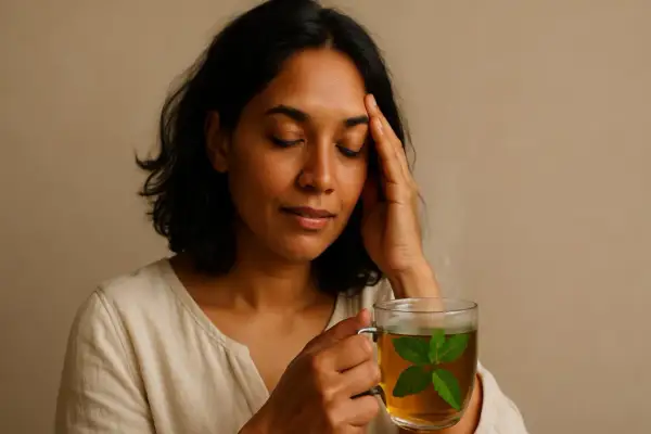 Donna con mal di testa che beve una tisana alla menta, uno dei rimedi naturali per il mal di testa.