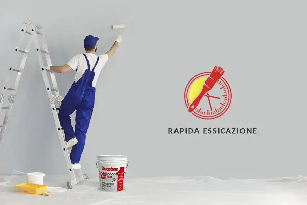 Pittore su scala che usa un rullo. Logo con pennello e orologio indica quanto ci mette la pittura ad asciugare: rapida essiccazione.