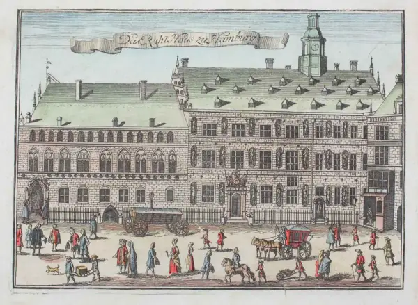 Das Rathaus Altona, ein prächtiges Gebäude mit Turm, umgeben von Menschen in historischen Gewändern, Kutschen und einem Hund.