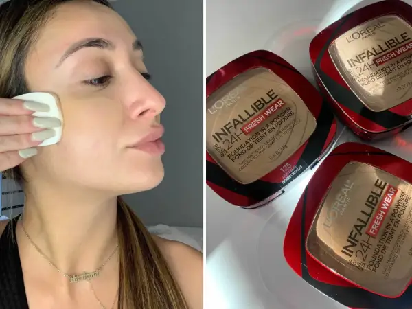 Kobieta aplikuje puder L'Oréal Infallible 125 Ivory Buff. Na zdjęciu widać też opakowania tego kosmetyku.