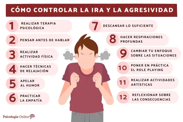 Infografía sobre cómo controlar la ira y la agresividad, con consejos como terapia, ejercicio y empatía para una mejor gestión de la ira.