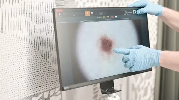 Dermatolog w rękawiczkach wykonuje badanie dermatoskopowe, analizując obraz znamienia na monitorze.