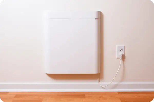 Un radiateur électrique blanc, moderne et discret, est branché à une prise murale. Ce type de radiateur est une solution de chauffage efficace.
