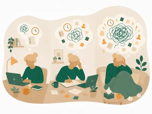 Illustration visar en kvinna som kämpar med tankar och uppgifter, vilket speglar utmaningarna med medelsvår adhd.
