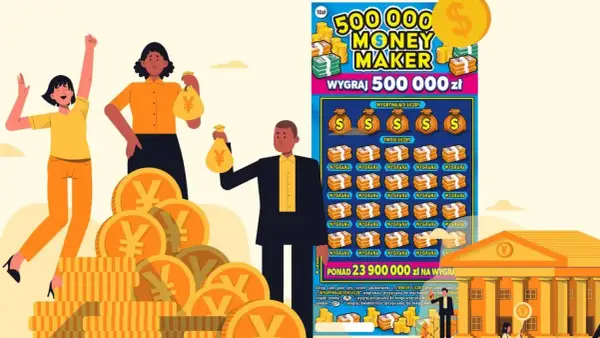 Ludzie cieszą się z wygranej, a zdrapka "Money Maker" obiecuje, że można wygrać 500 000 zł.