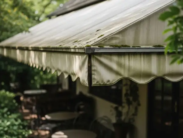 Tenda da sole con muschio e segni di lavaggio. L'esterno di un locale con tavoli e sedie visibili sotto.
