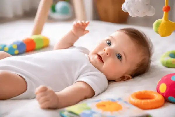 Un bebé de 3 meses, con ojos azules y una sonrisa curiosa, juega rodeado de coloridos juguetes en una alfombra suave.