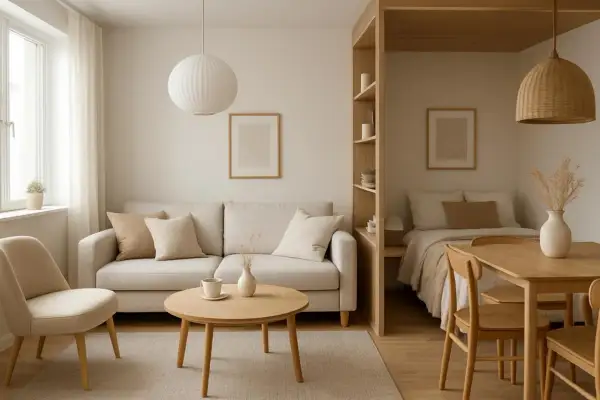 Przytulny dom skandynawski projekt: jasna sofa, drewniane meble, łóżko wnękowe i minimalistyczne dekoracje tworzą spokojną atmosferę.