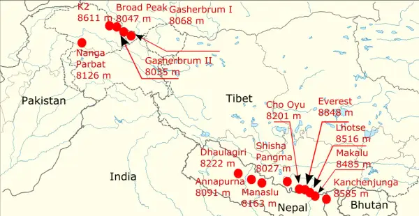Karte der 8000er Berge: K2, Everest, Nanga Parbat und weitere Gipfel in Pakistan, Indien, Nepal, Tibet und Bhutan.