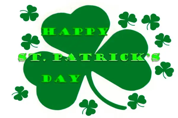 Tréboles verdes rodean el texto "Feliz Día de San Patricio".