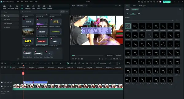 Wybieranie animacji "Glow Text" w Filmora, aby dodać efektowny tekst do filmu.