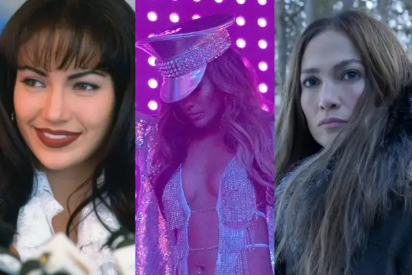 Jennifer Lopez w filmach: jako Selena, w błyszczącym stroju scenicznym i w zimowej scenerii.