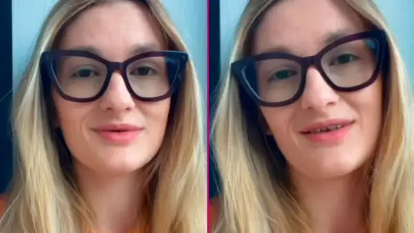 Uśmiechnięta blondynka w okularach, z widocznymi tureckie zęby.