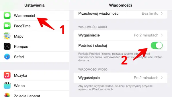 Ustawienia Wiadomości: włącz funkcję "Podnieś i słuchaj", aby szybko odsłuchać pocztę głosową.