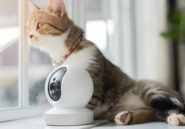 Un chat tigré, curieux, observe par la fenêtre, à côté d'une caméra de surveillance. Pourrait-il déclencher une alarme ?