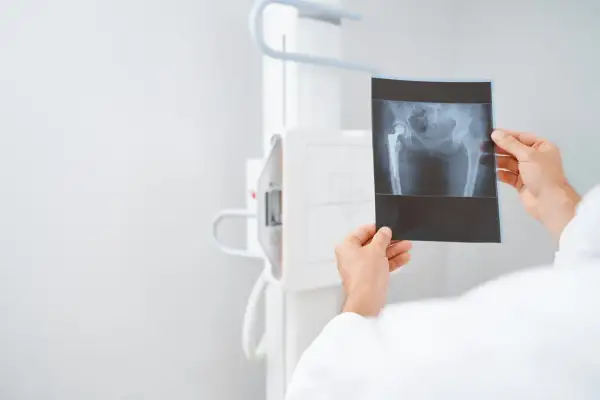 Lekarz analizuje RTG miednicy z endoprotezą stawu biodrowego. Czy USG czy RTG lepsze? RTG pokazuje kości i implant.