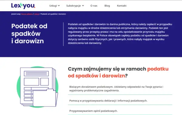 Strona Lex4you wyjaśnia zasady podatku od spadków i darowizn, oferując doradztwo i pomoc w formalnościach.