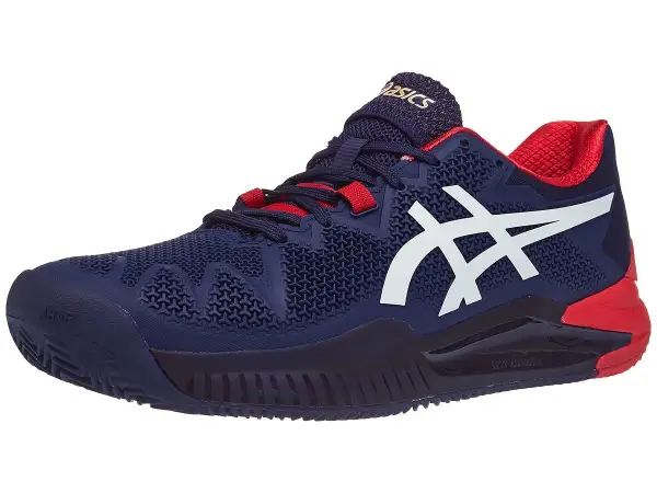 Scarpa da tennis blu e rossa Asics Gel Resolution 8 Clay, ideale per la terra battuta.