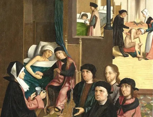 Een tafereel van de zeven werken van barmhartigheid: zieken verzorgen, doden begraven en de armen voeden.