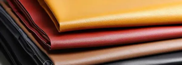 Pile de cuirs enduits aux couleurs vives : jaune, rouge, marron et noir. Ce cuir enduit, c'est quoi ? Une matière synthétique résistante et polyvalente.