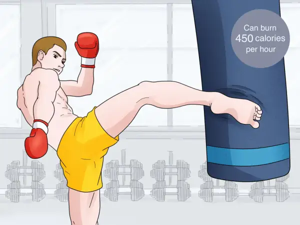 A man in boxing gloves and yellow shorts kicks a punching bag, showing how you can burn 450 calories per hour.