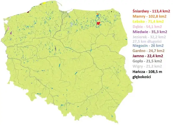 Mapa Polski z zaznaczonymi największymi jeziorami. Widać Śniardwy, Mamry i Łebsko, a także inne zbiorniki wodne.