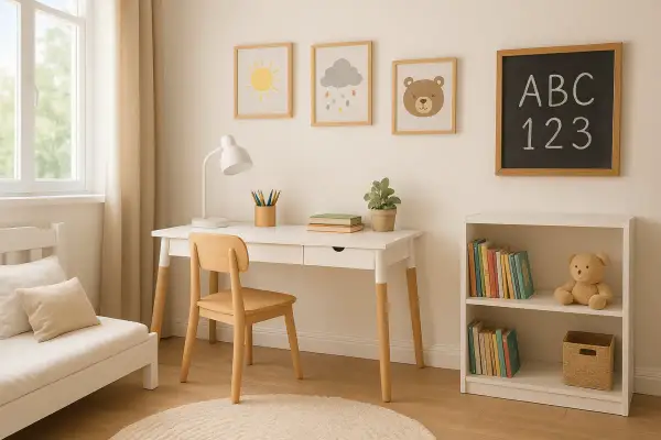 Schreibtisch im Kinderzimmer mit süßen Bildern, Büchern und einem Teddybär. Tolle kinderzimmer schreibtisch ideen für kleine Entdecker.