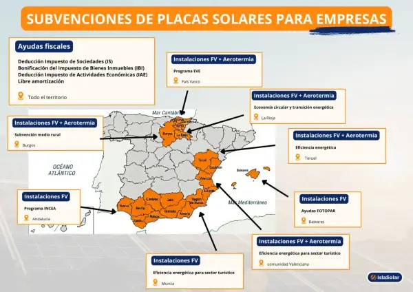 Mapa de España con ayudas para placas solares. Aprende cómo solicitar subvención europea placas solares en diferentes regiones.