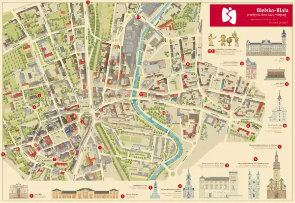 Mapa Bielska-Białej z zaznaczonymi atrakcjami dla dzieci i okolic. Znajdziesz tu m.in. Teatr Polski, Zamek i Muzeum, Kościół Marcina Lutra.