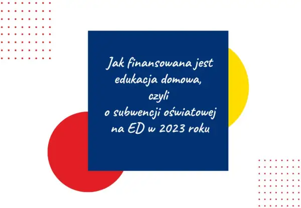 Niebieski prostokąt z tekstem o finansowaniu edukacji domowej na tle kolorowych kół i kropek.