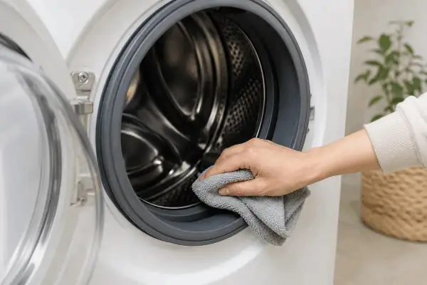 Mano pulisce con panno grigio l'oblò della lavatrice, mostrando come pulire l'oblò della lavatrice per un bucato fresco.