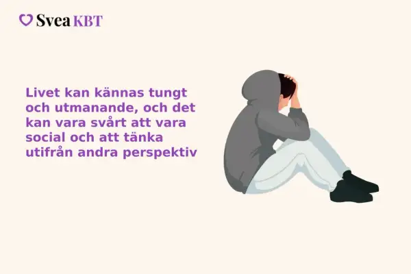En person sitter hopsjunken med händerna över huvudet, en bild som kan symbolisera melankoli symtom. Texten lyder: "Livet kan kännas tungt och utmanande, och det kan vara svårt att vara social och att tänka utifrån andra perspektiv.