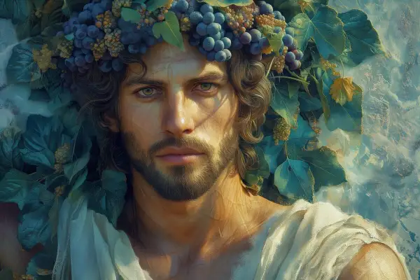 Dionysos, dieu du vin et des fêtes, couronné de raisins et de feuilles de vigne.