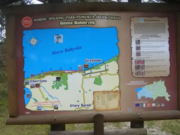 Mapa szlaków Nordic Walking: odległość Grzybowo - Dźwirzyno, plaża, Morze Bałtyckie, ćwiczenia.
