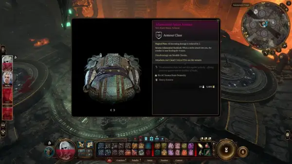 Zbroja z kuźni adamantyny w Baldur's Gate 3. Ciężka zbroja zredukuje obrażenia i sprawi, że atakujący zostaną odrzuceni.