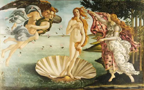 Narodziny Wenus, jedno z najsłynniejszych **sandro botticelli dzieła**. Wenus na muszli, wiatr i bogini wiosny.