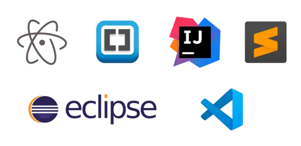 Logos d'IDE : Atom, Brackets, IntelliJ IDEA, Sublime Text, Eclipse, Visual Studio Code. Le meilleur IDE dépend de vos besoins.