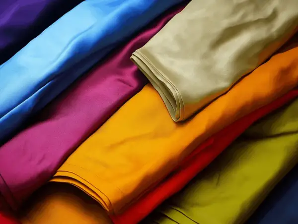 Bunte Stoffbahnen, die an die Viskose Herstellung erinnern. Leuchtende Farben wie Blau, Lila, Gelb und Grün sind übereinandergelegt.