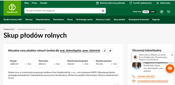 Osadkowski ceny skupu zbóż: rzepak, kukurydza, pszenica konsumpcyjna i paszowa (netto) dla woj. dolnośląskiego, pow. oleśnickiego.