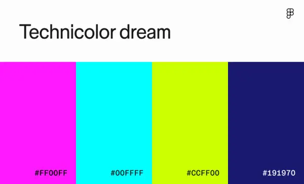A "Technicolor dream" palette featuring vibrant colors: hot pink, electric cyan, lime green, and deep navy.