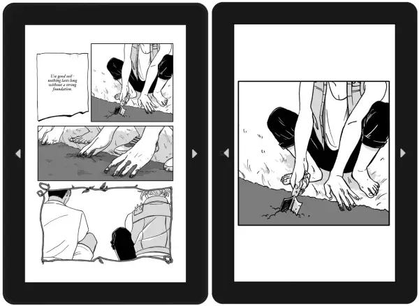 Lecture d'un bd sur Kindle. Une personne jardine, creusant la terre avec une petite pelle.