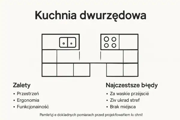 Jak zaprojektuj i wybuduj kuchnię dwurzędową? Schemat pokazuje układ, zalety i błędy.