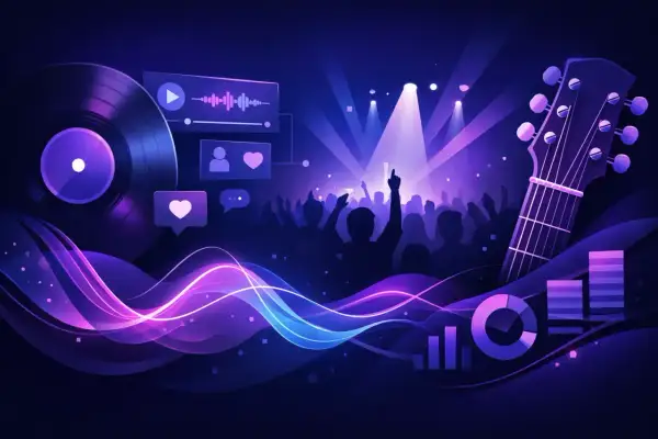 Visualizing the elements to build a music website: a vinyl record, sound waves, a guitar, and a concert crowd.