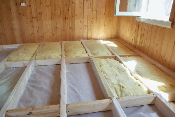 Struttura in legno per isolare pavimento con lana di vetro.