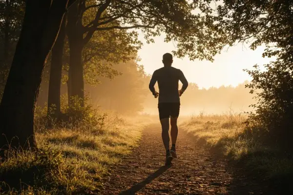Un coureur solitaire sur un sentier boisé au lever du soleil, s'entraînant pour son semi-marathon, visant un certain pourcentage VMA.